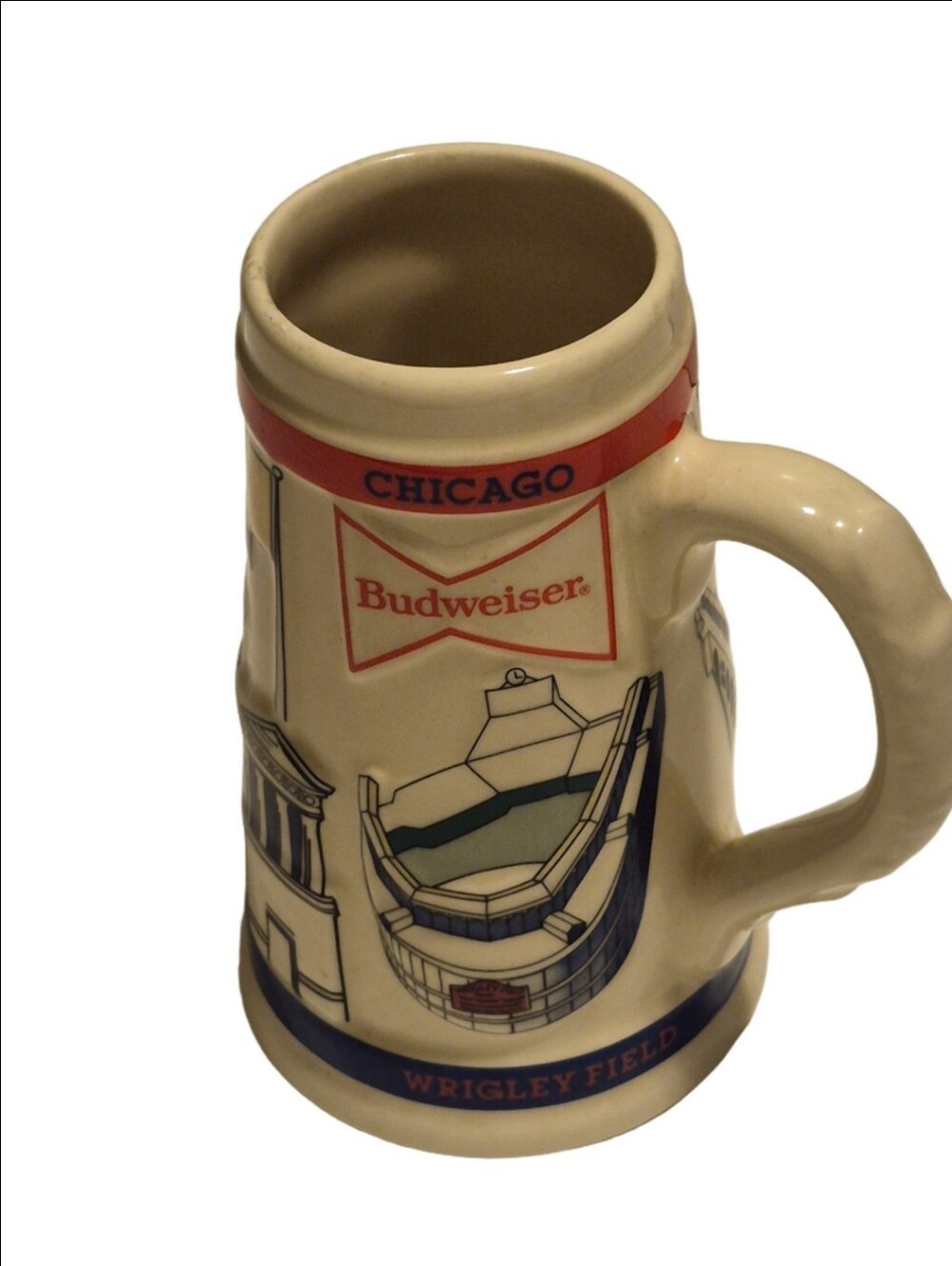 Budweiser Ceramic Stein in Cream, Blue and Red – Chicago Wrigley Field Design